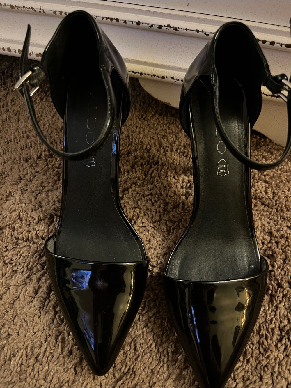Aldo Black Patent Pointed Ankle-Strap Pumps